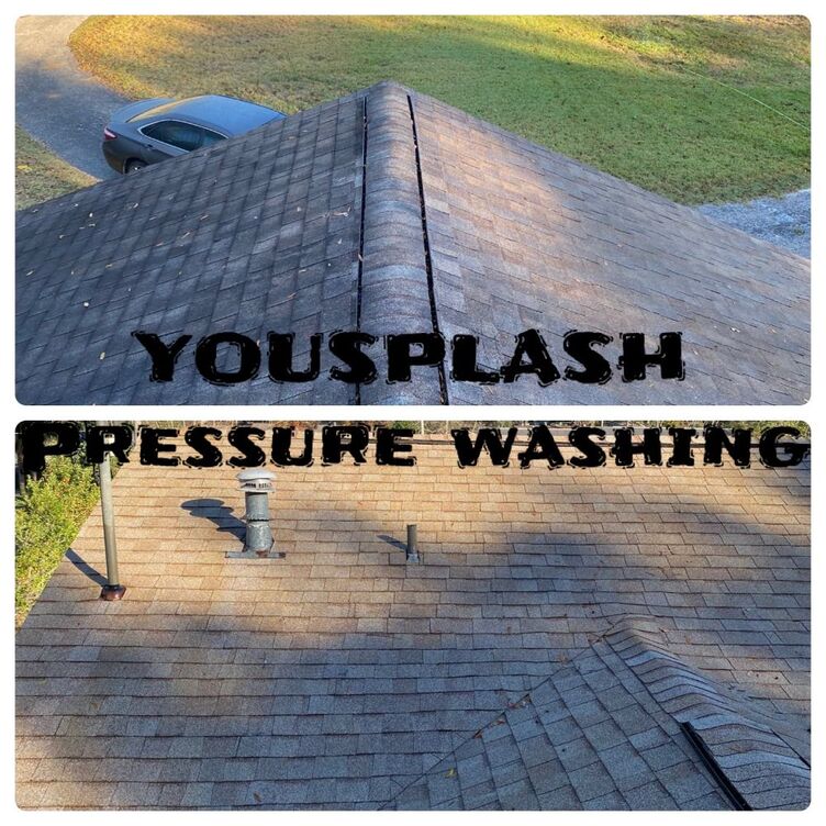 Picture a roof that has recently been washed. You can see a asphalt shingle roof with the words you splash in bold.  