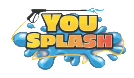 Picture of YOUSLPAH pressure washing logo. You can see the words you splash in orange with water and a pressure washing gun in the background.
